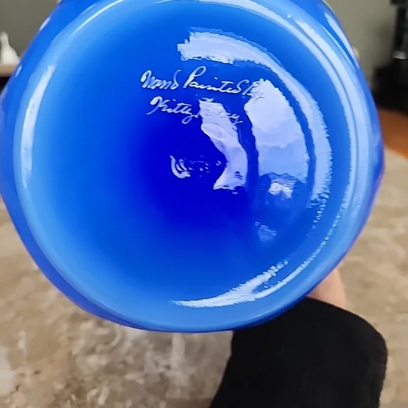 Fenton Blue Overlay Cased Glass White, Hand Painted, Pinched Side, Ruffled Top - Picture 5 of 5